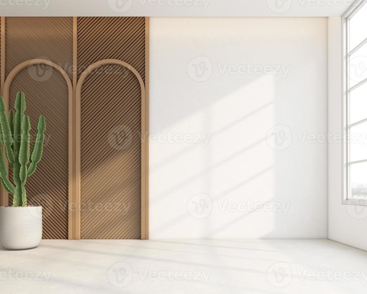 japonês estilo esvaziar quarto decorado com branco parede e de madeira ripas parede, branco concreto chão. 3d Renderização foto