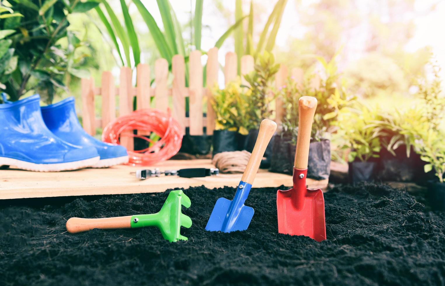 jardinagem Ferramentas em solo fundo pronto para plantio flores e pequeno plantar dentro a Primavera jardim trabalho conceito jardinagem dentro ensolarado foto