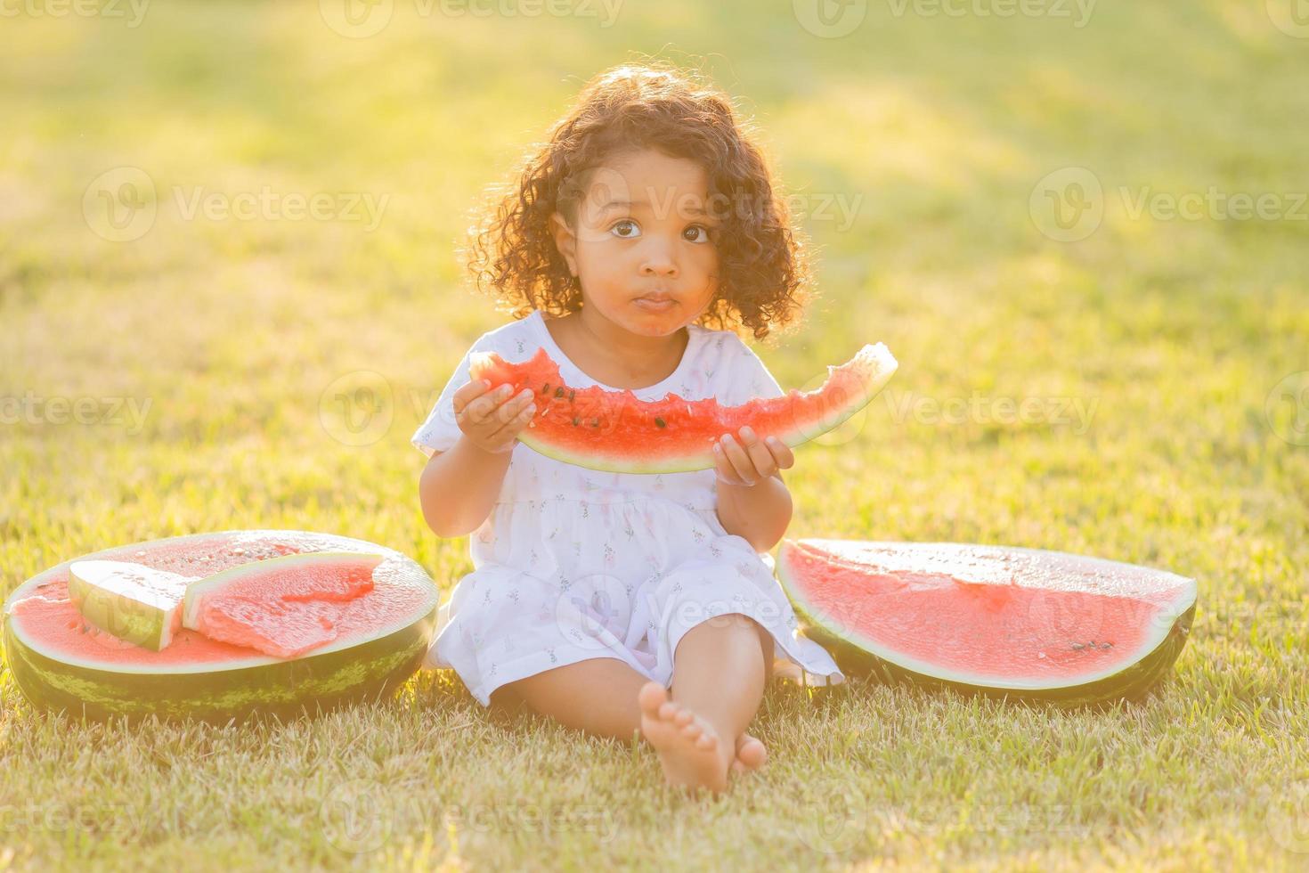 uma pequeno moreno menina com encaracolado cabelo dentro uma pálido Rosa vestir come uma Melancia em a grama. piquenique dentro a parque. feliz infância. espaço para texto. Alto qualidade foto