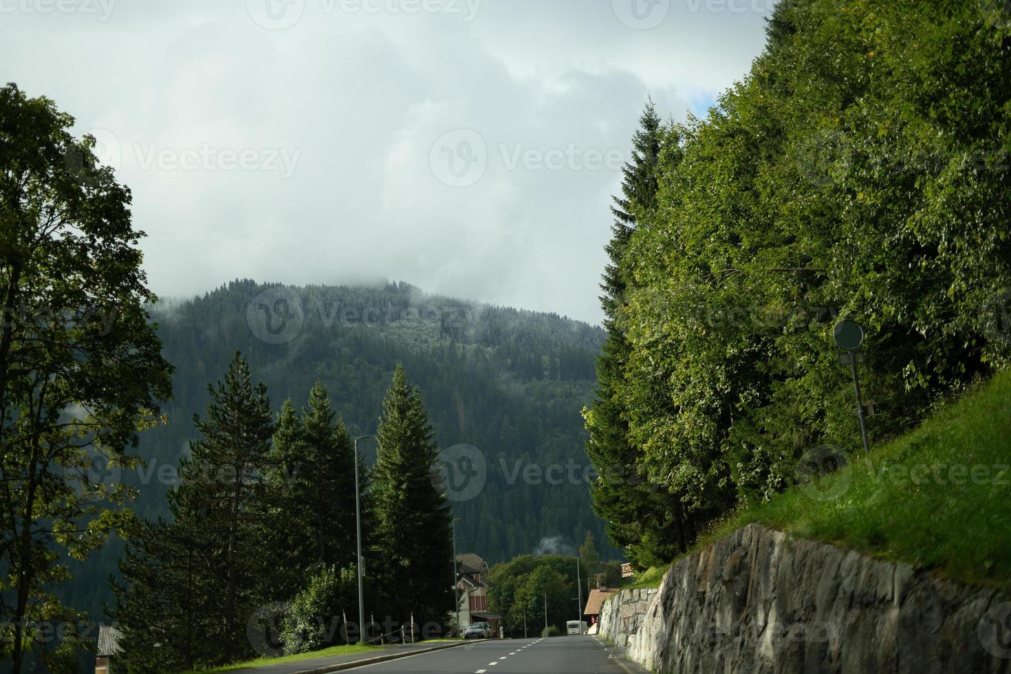 majestoso montanhas dentro a Alpes coberto com árvores e nuvens foto