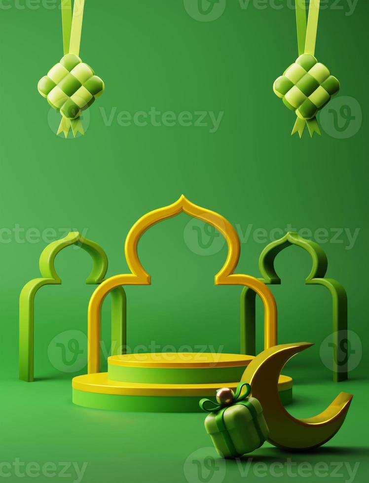 3d ilustração produtos exibição com mesquita e crescente lua muçulmano islâmico festival decorativo elemento em verde fundo Ramadã eid Mubarak promoção venda publicidade Projeto foto