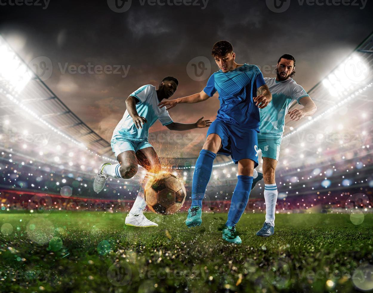 fechar acima do uma futebol açao cena com competindo futebol jogadoras às a estádio foto