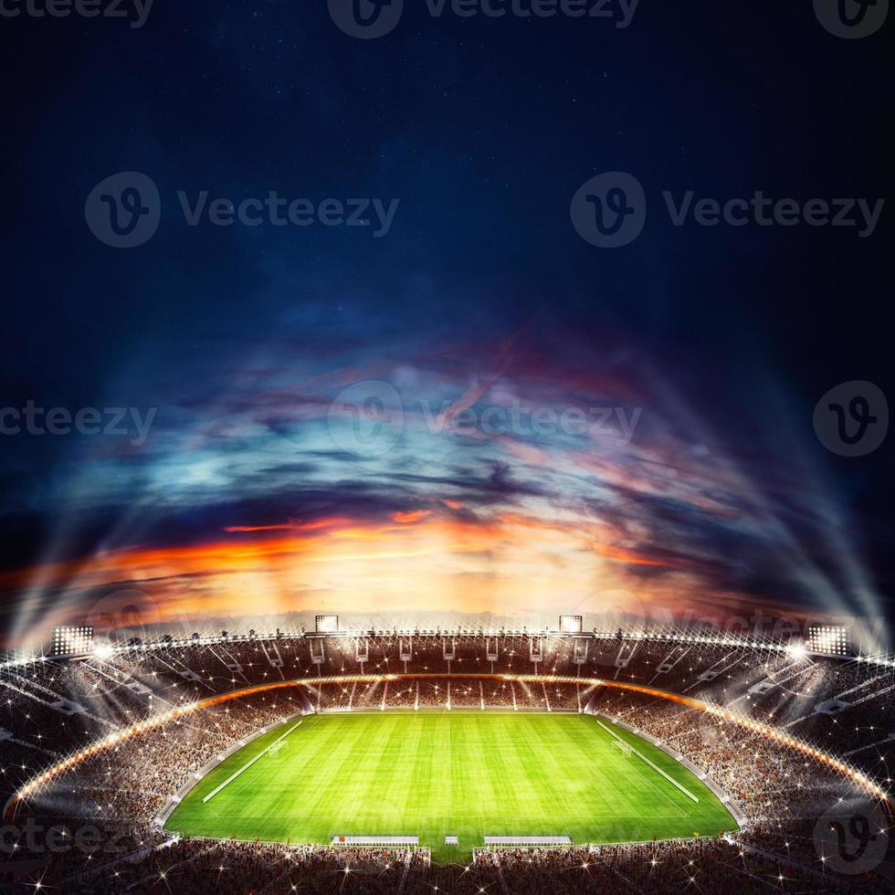 topo Visão do uma futebol estádio às noite com a luzes sobre. 3d Renderização foto