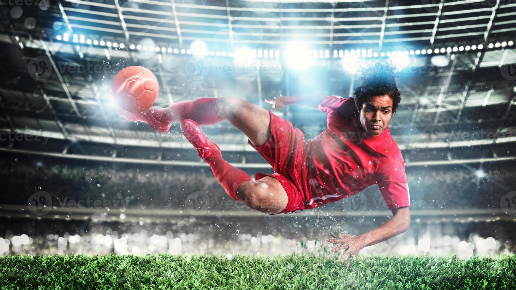 futebol cena às noite Combine com jogador chutando a bola com poder. foto