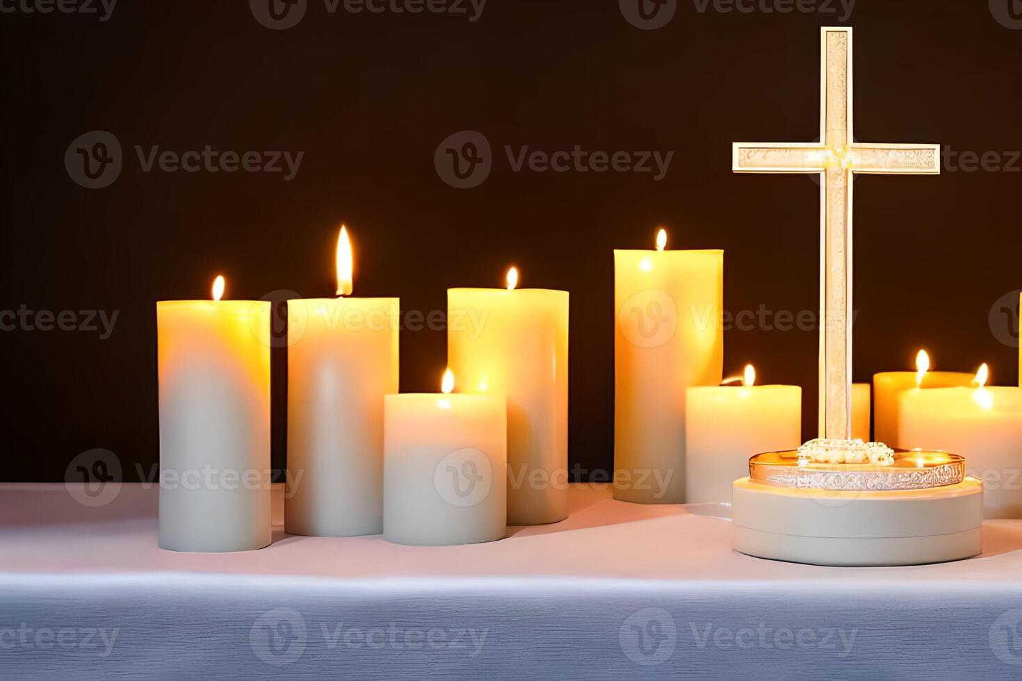 uma cativante fechar acima do uma branco vela e uma Cruz capturar a essência do relaxamento, paz, elegância e graça para casamento, convites, espiritual ou religioso projeto, e Incluindo casa decoração. foto