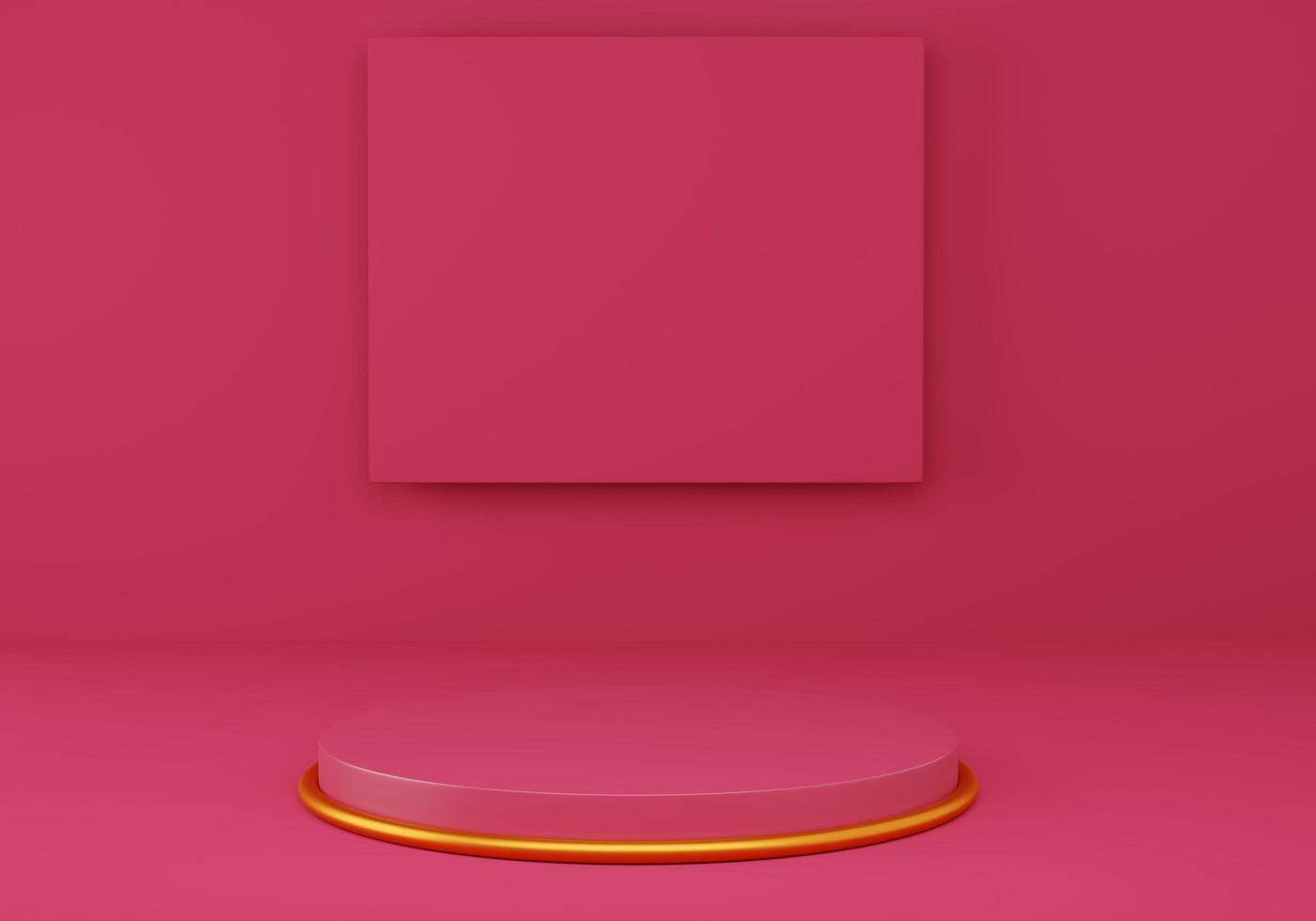 Renderização 3D do pódio de pedestal vermelho com um anel de ouro sobre fundo vermelho foto