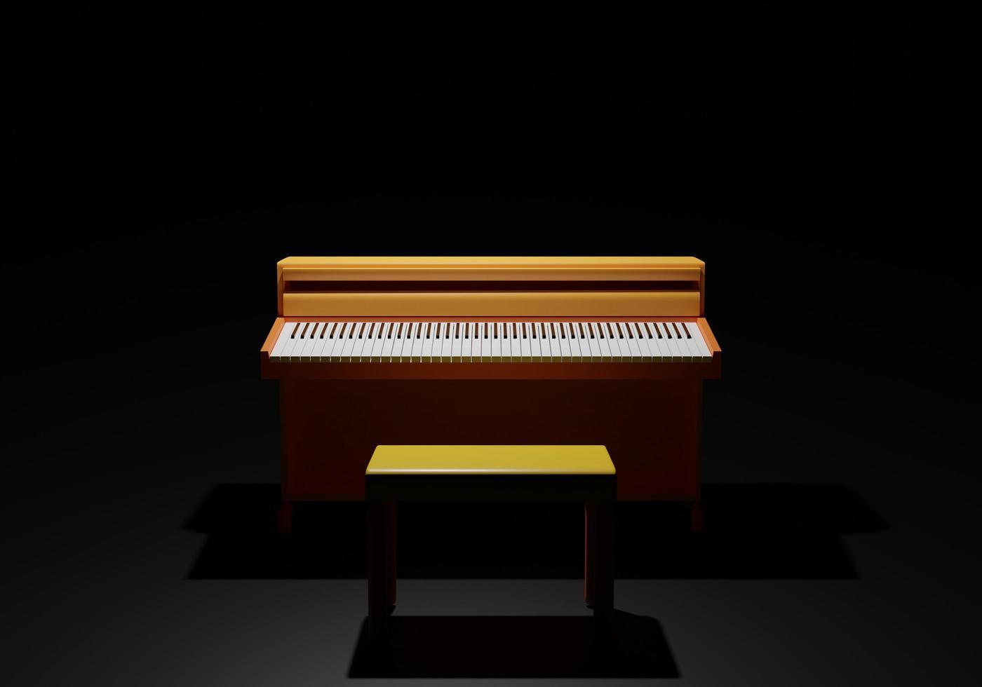 Renderização 3D de um entretenimento doméstico de piano com uma cadeira amarela em fundo escuro à noite foto