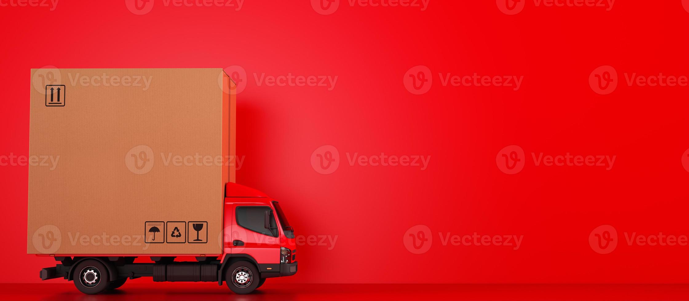 grande cartão caixa pacote em uma vermelho caminhão pronto para estar entregue foto