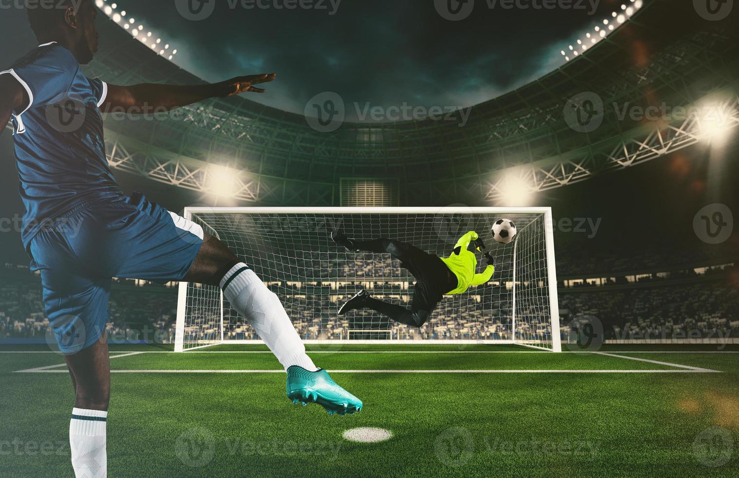 goleiro pega a bola às a estádio durante uma futebol jogos foto