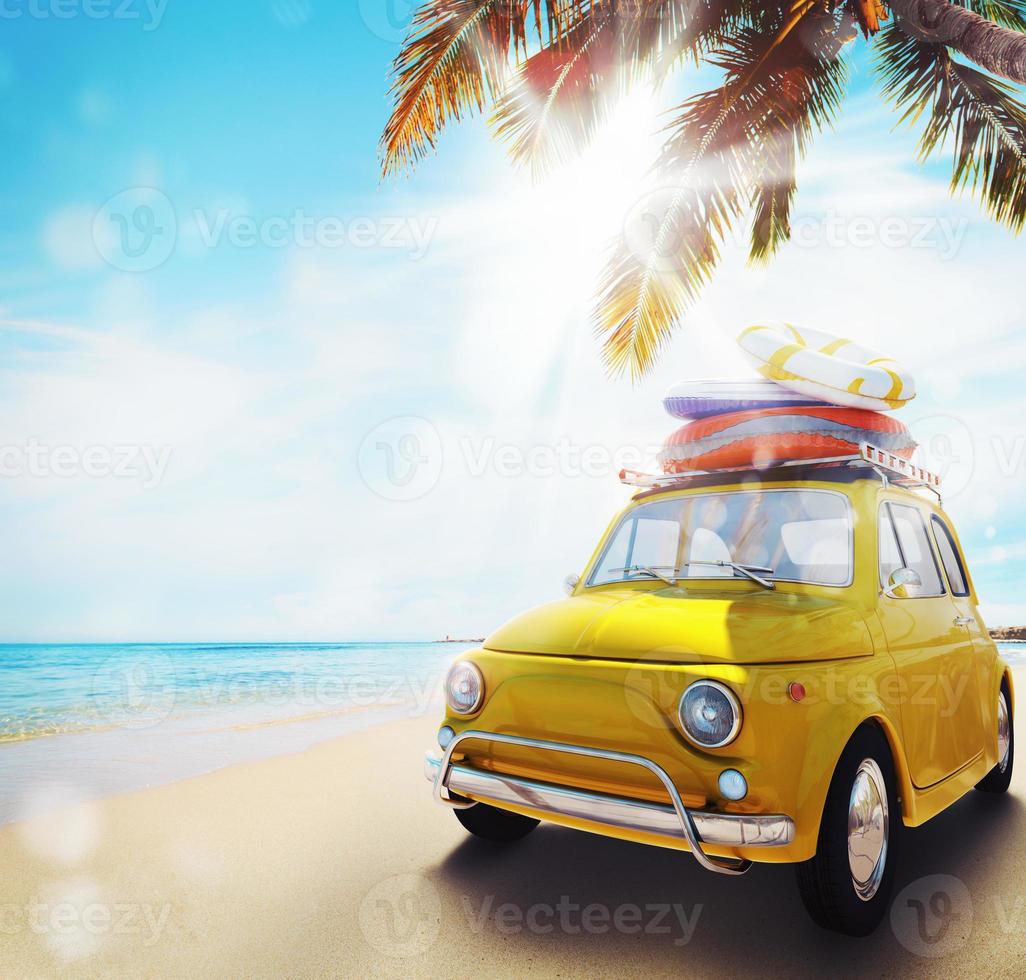 começar horário de verão período de férias com a velho carro em a de praia. 3d Renderização foto