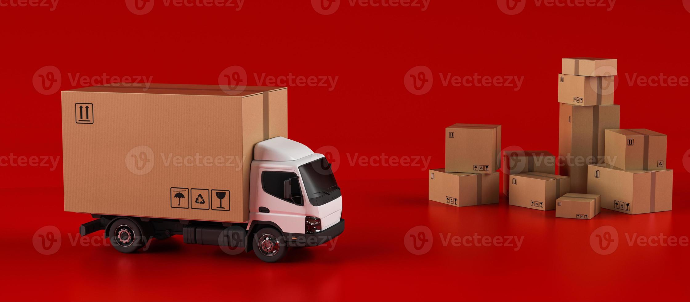 grande cartão caixa pacote em uma branco caminhão pronto para estar entregue em vermelho fundo foto