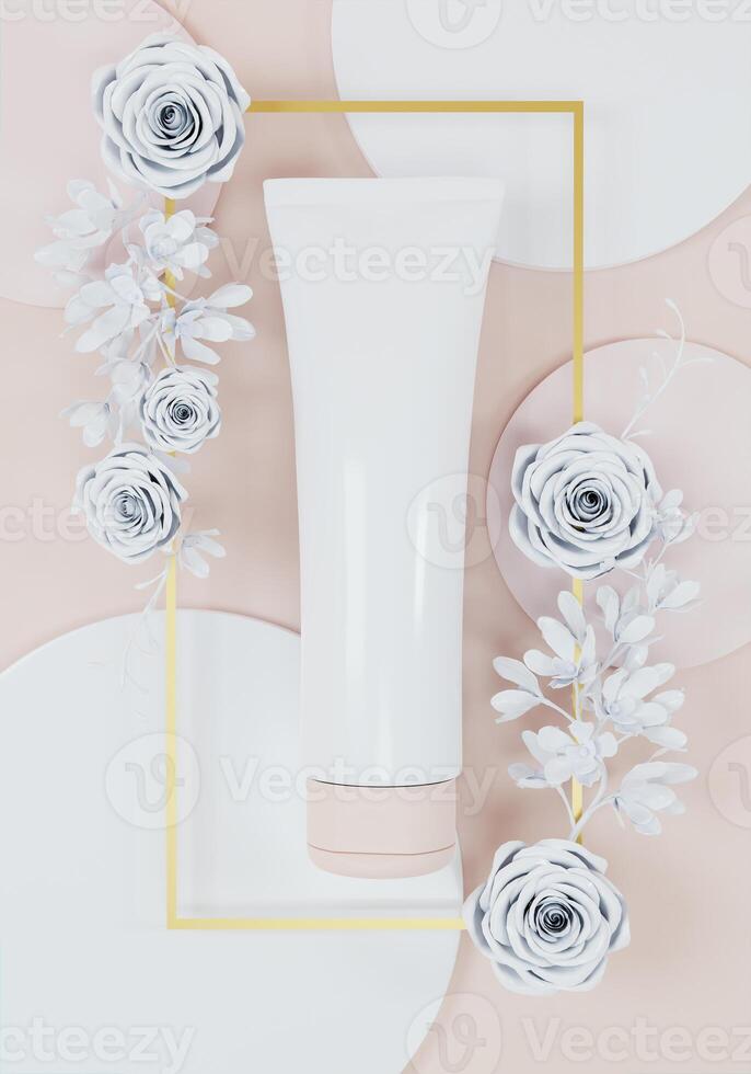 uma zombar acima do realista em branco Cosmético tubo isolado em natural padronizar brilhante Rosa fundo, 3d Renderização , 3d ilustração foto