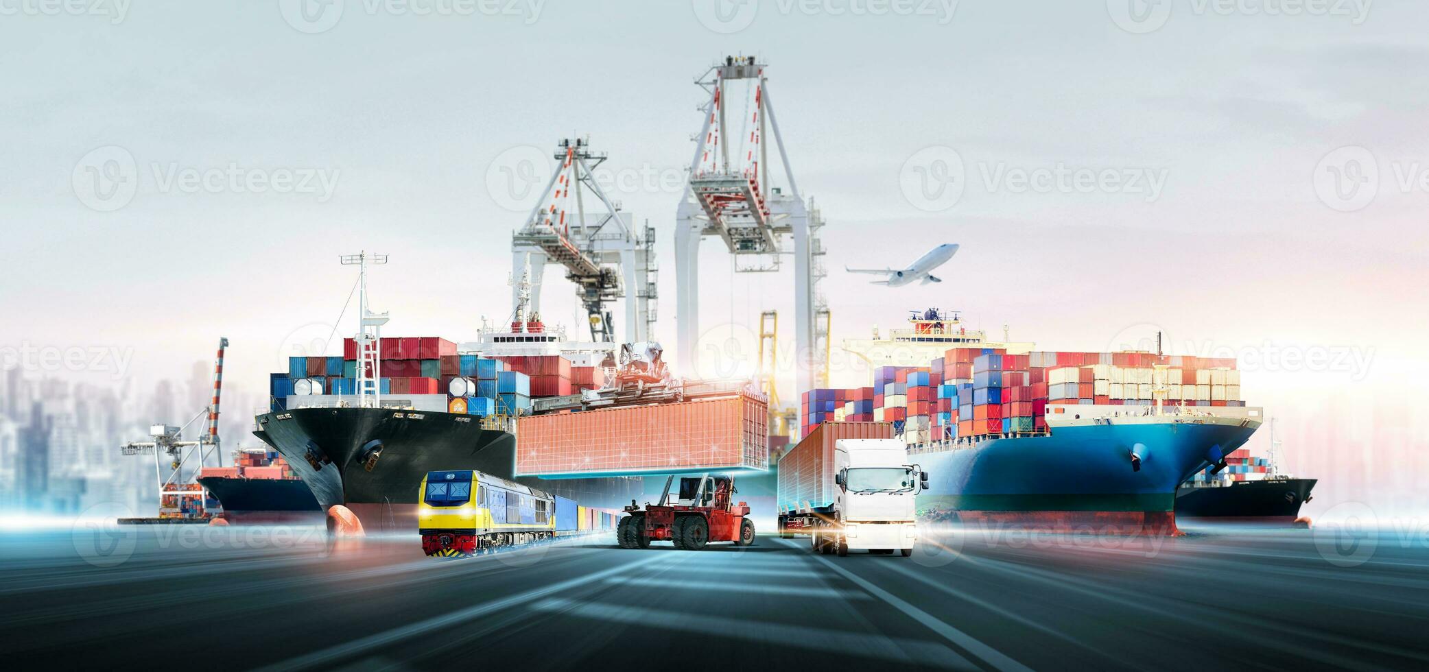 global o negócio logística transporte importar exportação e internacional comércio conceito, logístico distribuição do containers carga frete enviar, trem, caminhão, avião, transporte indústria fundo foto