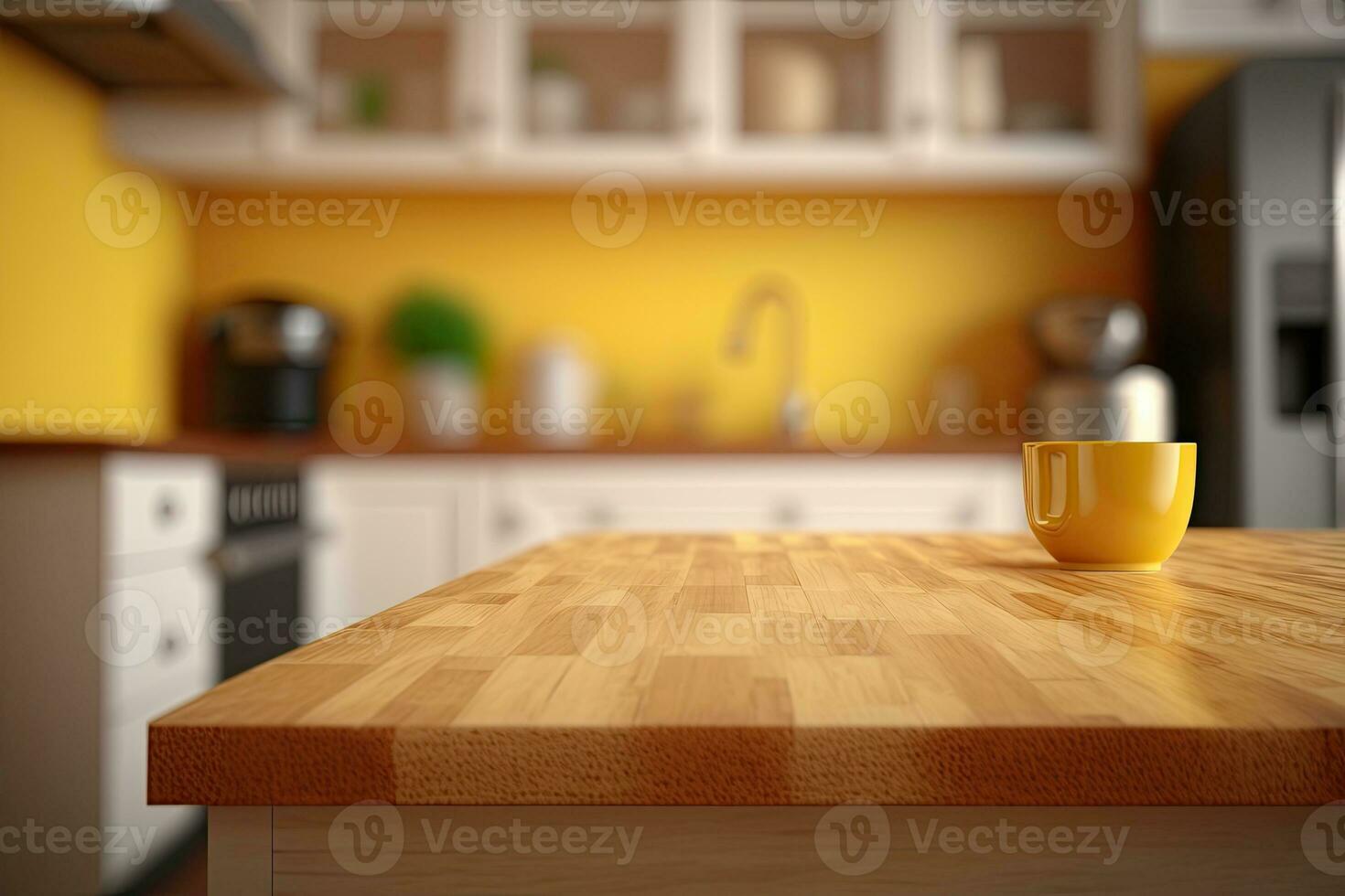 esvaziar mesa topo sobre desfocado cozinha com cópia de espaço foto