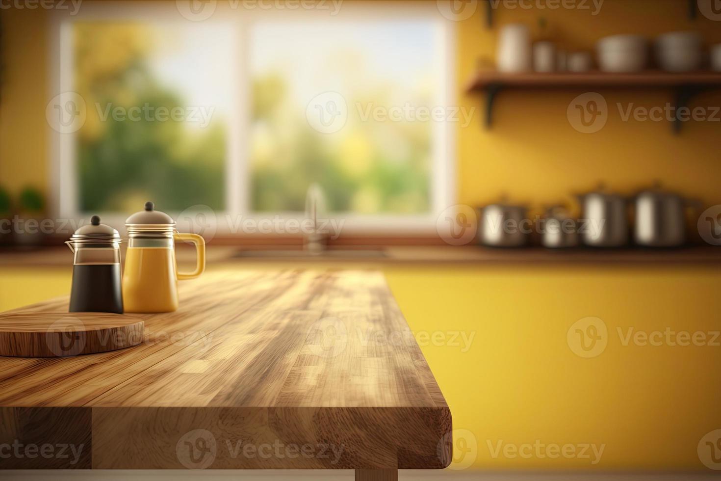 esvaziar mesa topo sobre desfocado cozinha com cópia de espaço foto