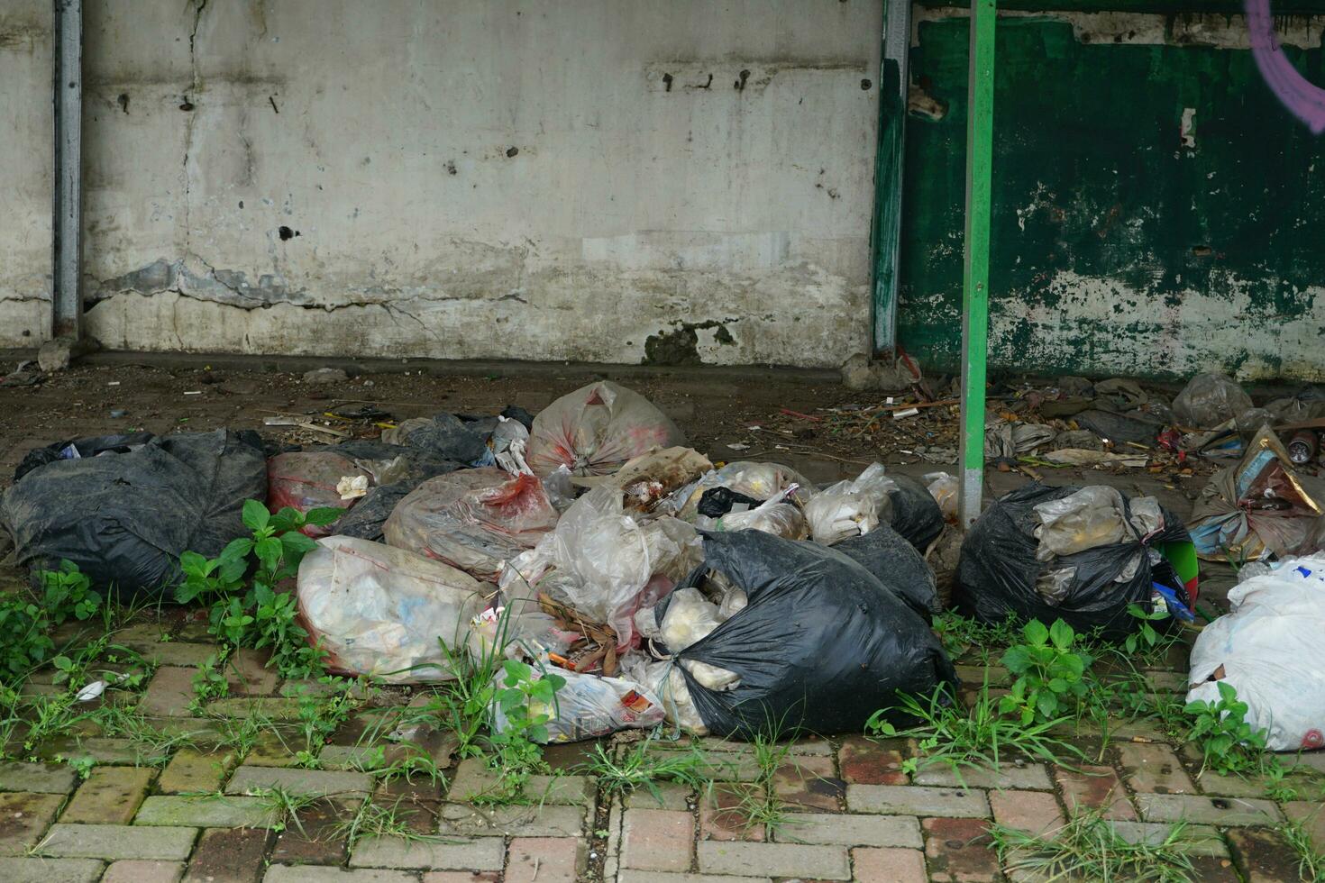 pilhas do Lixo em a Beira do a esvaziar fazer compras foto