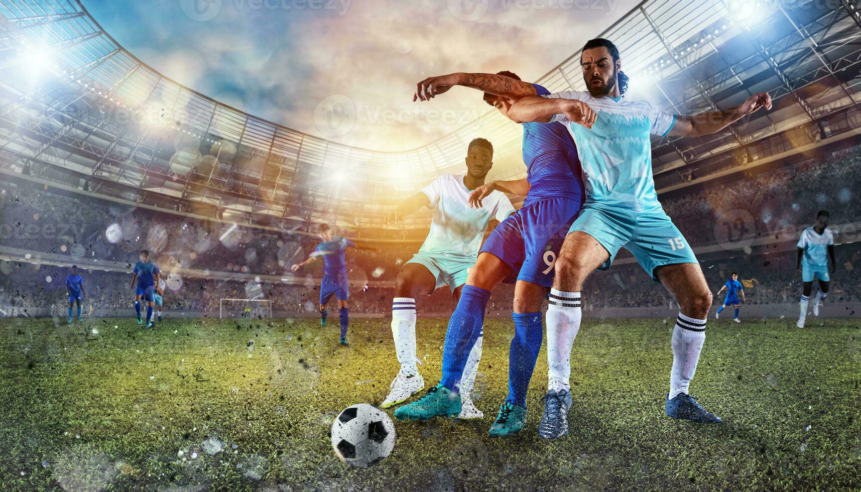 futebol cena com competindo futebol jogadoras às a estádio foto