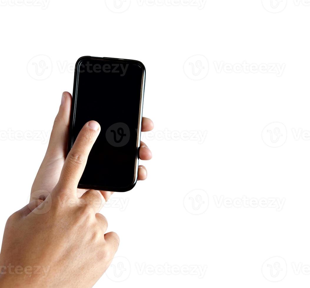 dedo toques a tela do uma Smartphone. tecnologia conceito foto