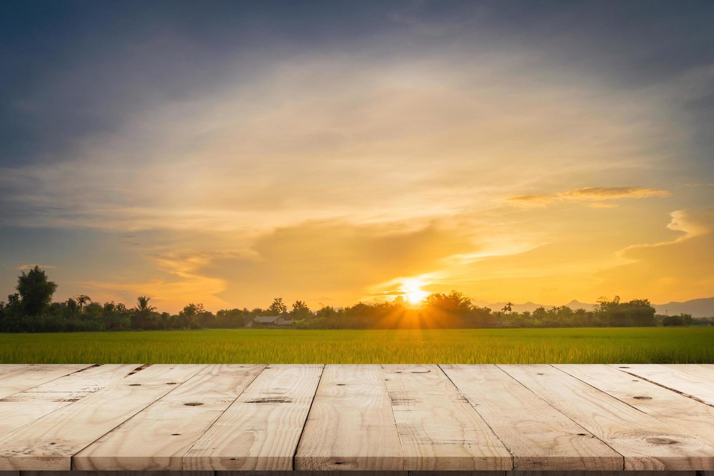 arroz campo pôr do sol e esvaziar madeira mesa para produtos exibição e montagem. foto