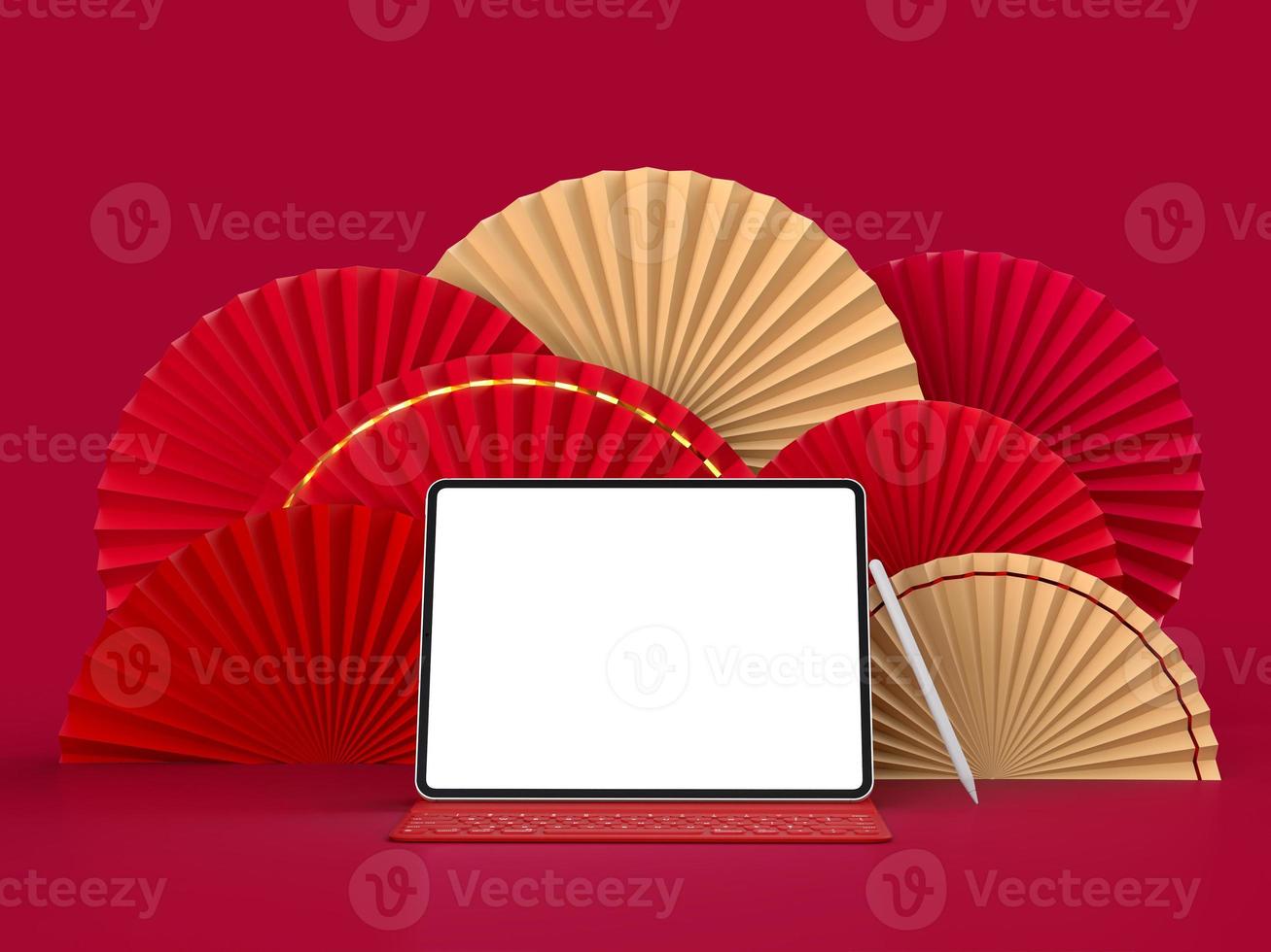 medalhão 3d do ventilador de papel para o ano novo chinês com tablet isolado foto