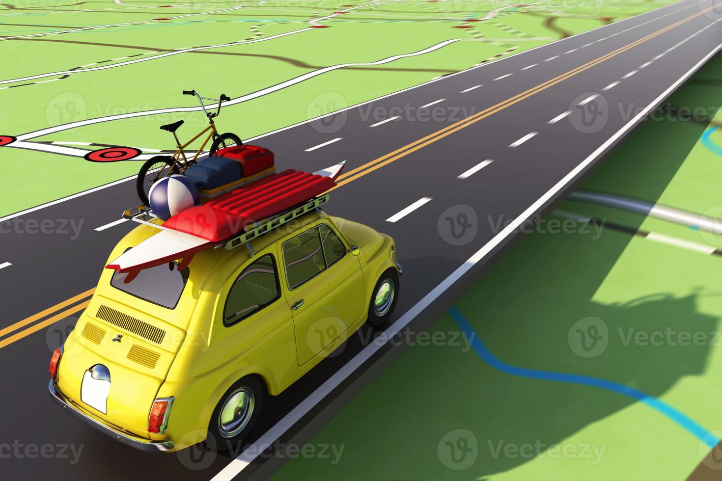 carro carregado com bagagem em a estrada para verão período de férias. 3d Renderização foto