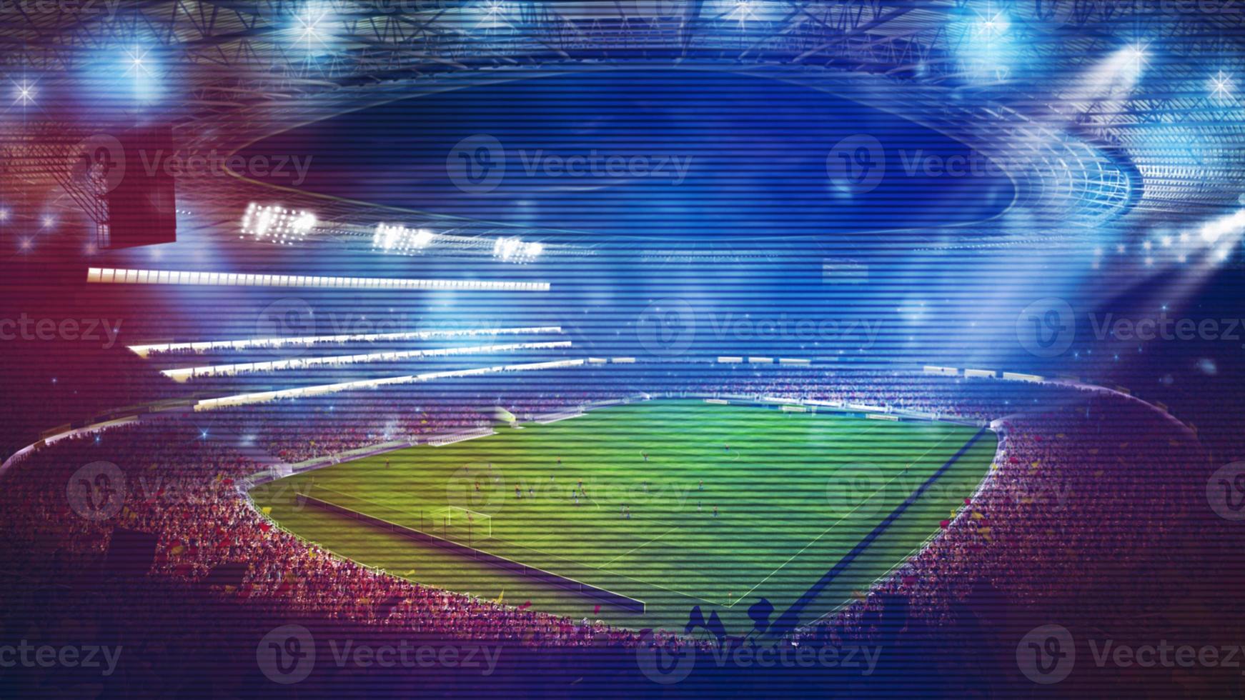 fundo do uma futebol estádio com luz efeitos cheio do fãs durante uma noite jogo. 3d Renderização foto