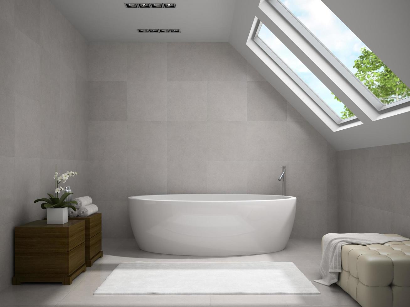 interior de um quarto moderno e banheiro com armários de madeira em renderização 3D foto