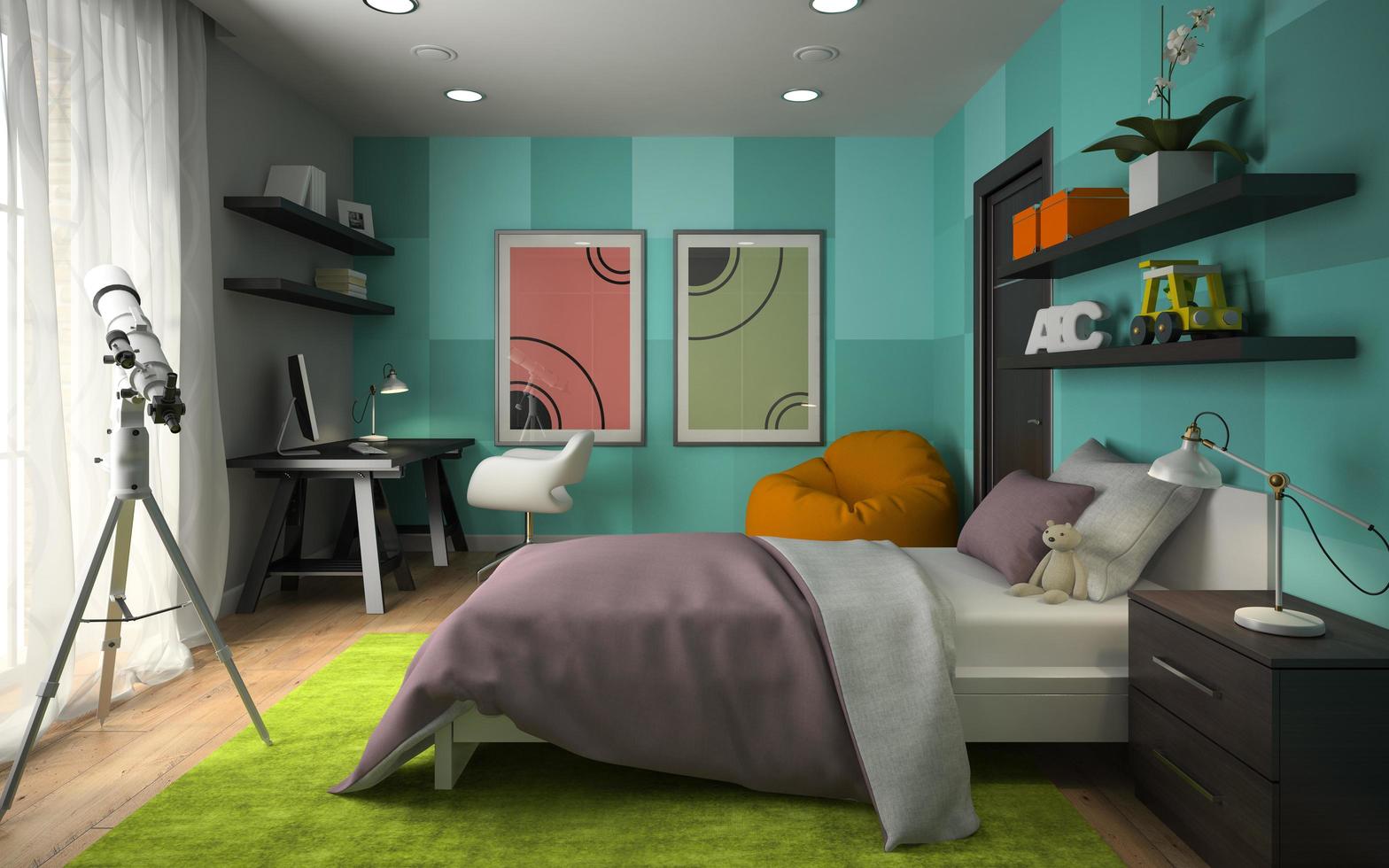 interior de um quarto moderno com paredes azuis em renderização 3D foto