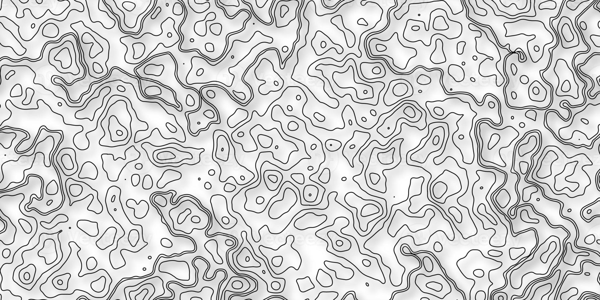 fundo topográfico e textura. abstração com lugar para texto. linhas de pano de fundo topo, contorno, grade geográfica. modernas linhas de contornos topográficos preto e branco das montanhas. arte do mapa de topografia foto