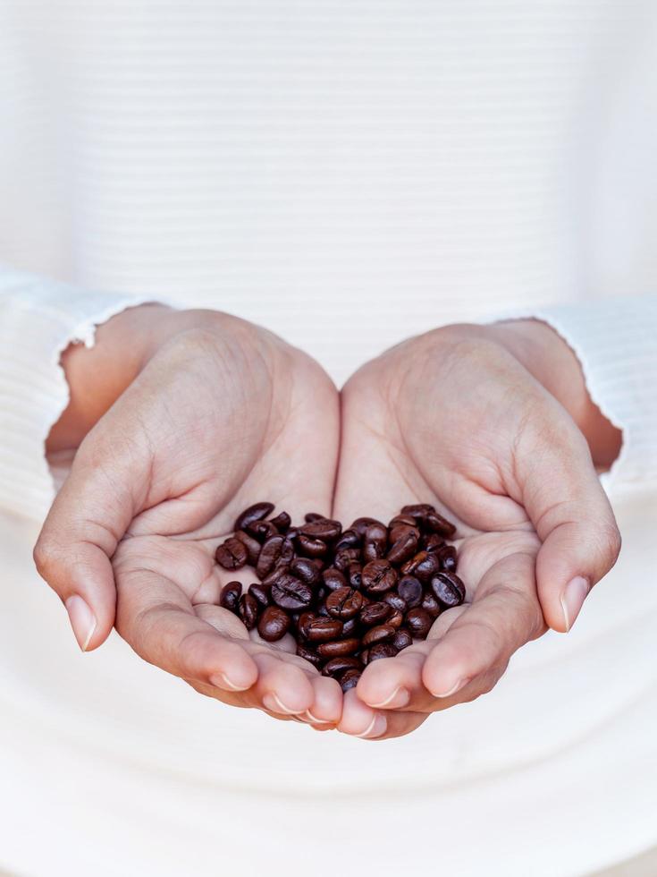 grãos de café nas mãos de uma mulher foto