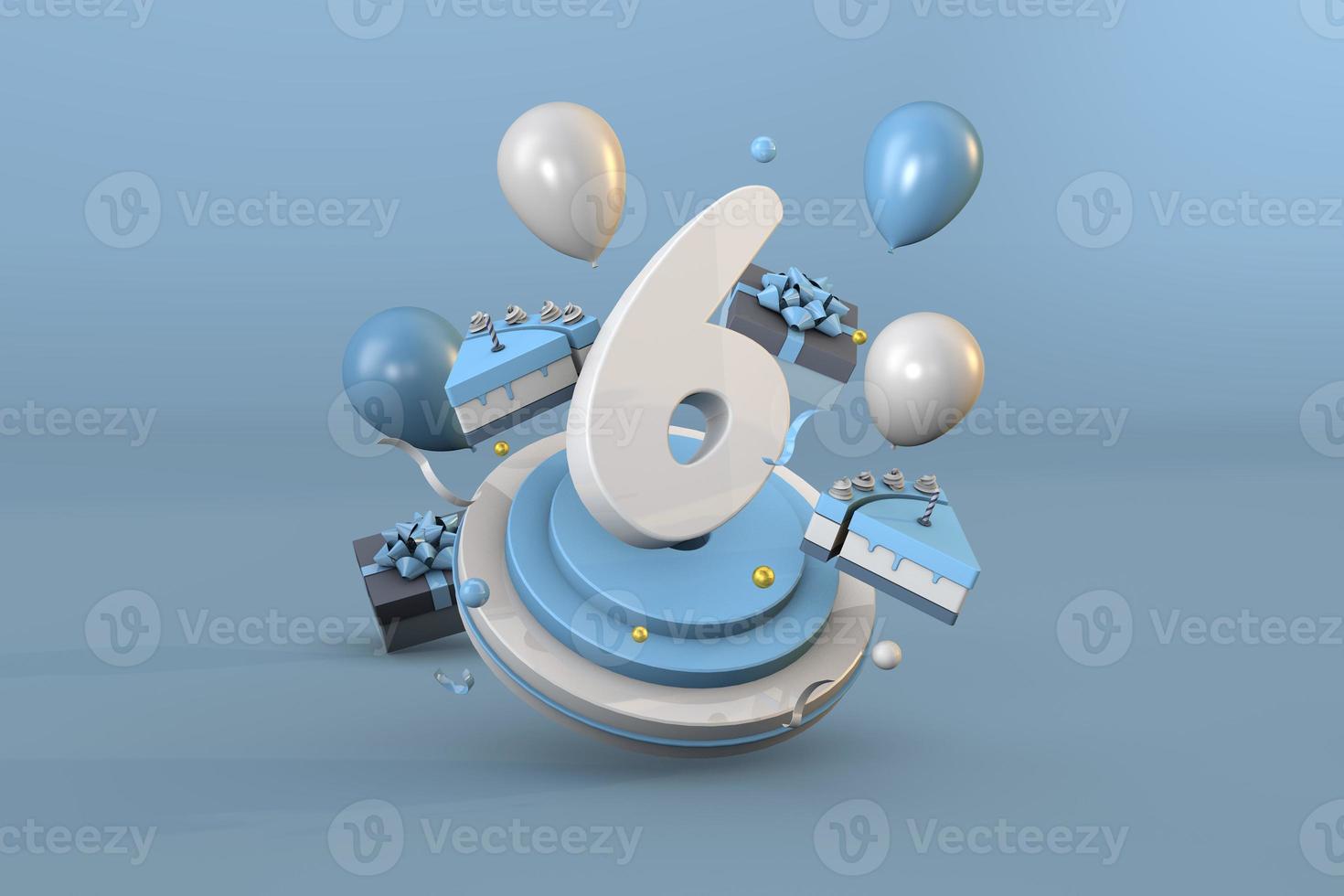 número 6 uma azul aniversário celebração. 3d render foto