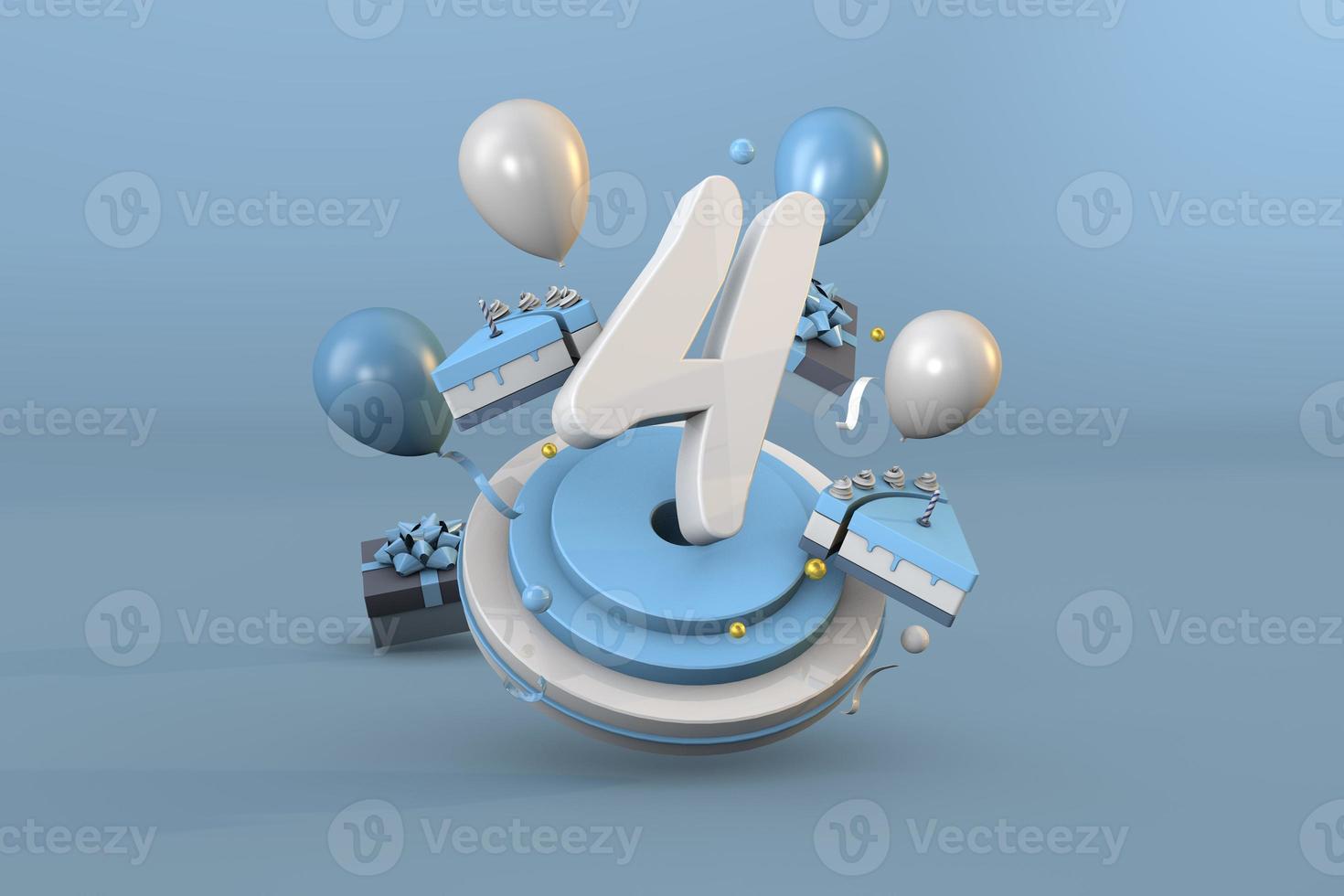 número 4 uma azul aniversário celebração. 3d render foto