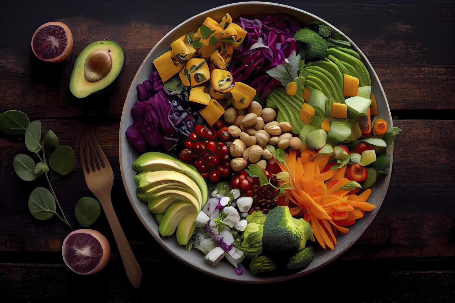pilha do frutas e legumes dentro muitos apetitoso cores, tiro a partir de acima, convidativo para conduzir uma saudável à base de plantas estilo de vida foto