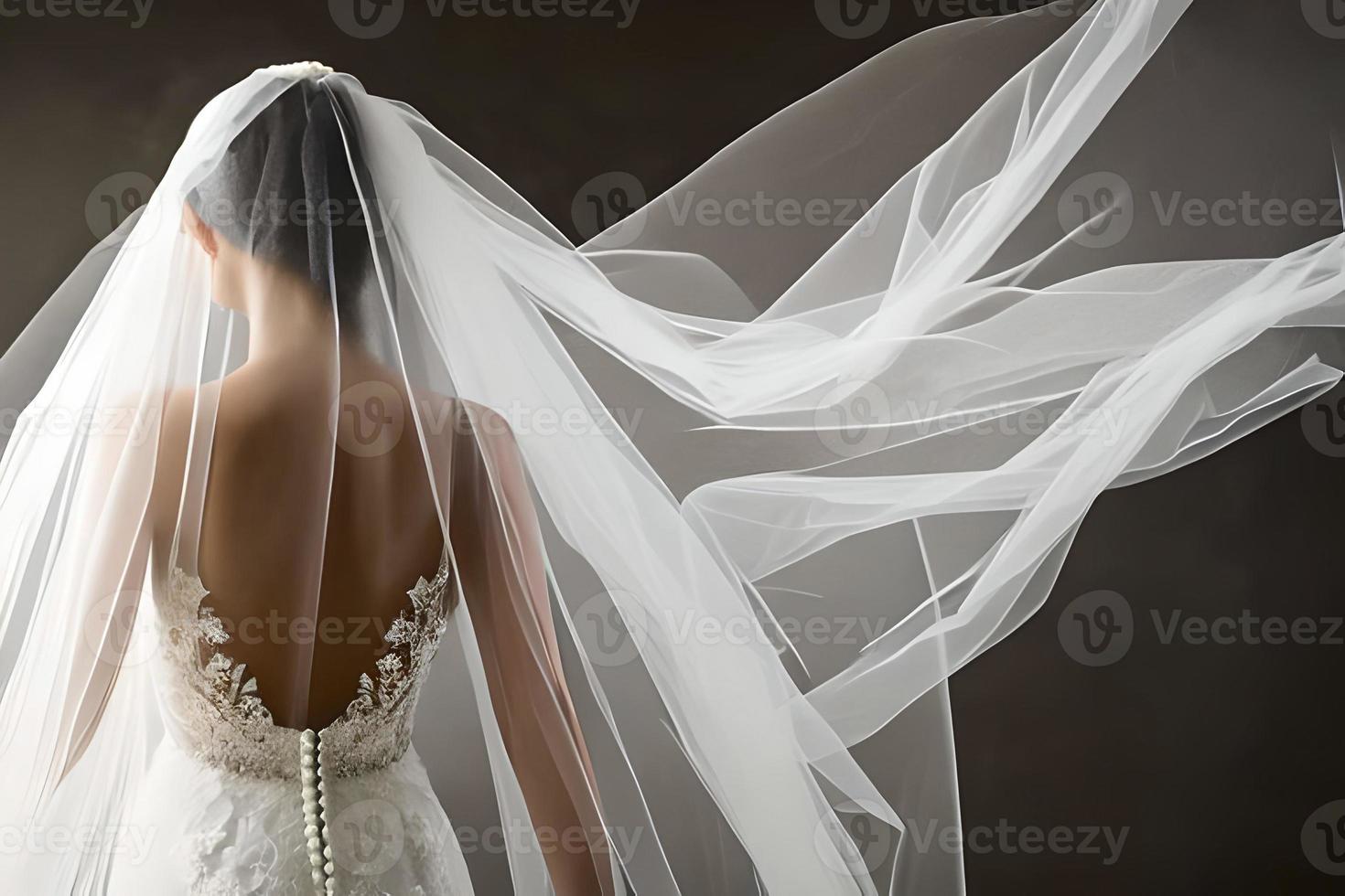 fechar acima detalhe uma noiva a partir de atrás dentro uma branco Casamento vestir. foto