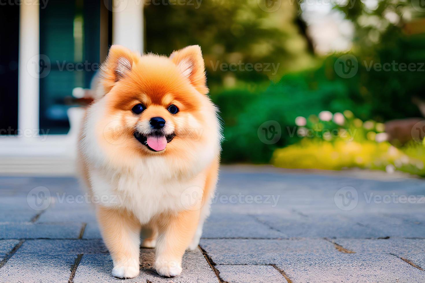 uma cachorro com uma casa dentro a fundo foto