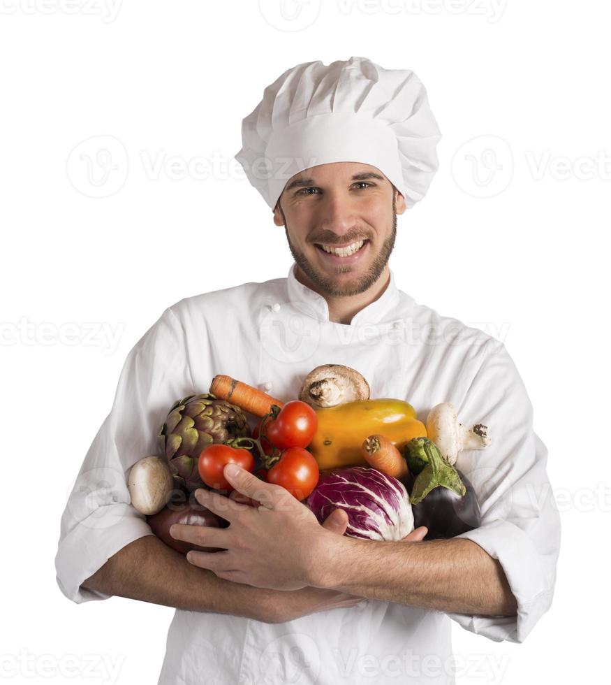 vegetariano chefe de cozinha com legumes foto