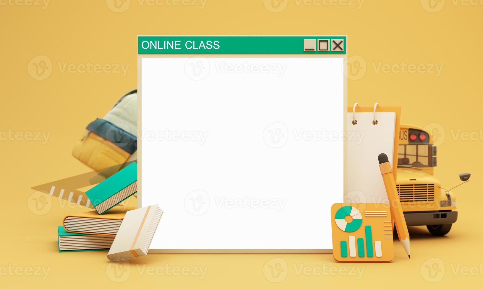 costas para escola conectados aprendizado, e-learning com escola suprimentos e equipamento. computador portátil computador tela com papel foguete acessórios e livros didáticos em amarelo fundo. desenho animado estilo -3d Renderização foto