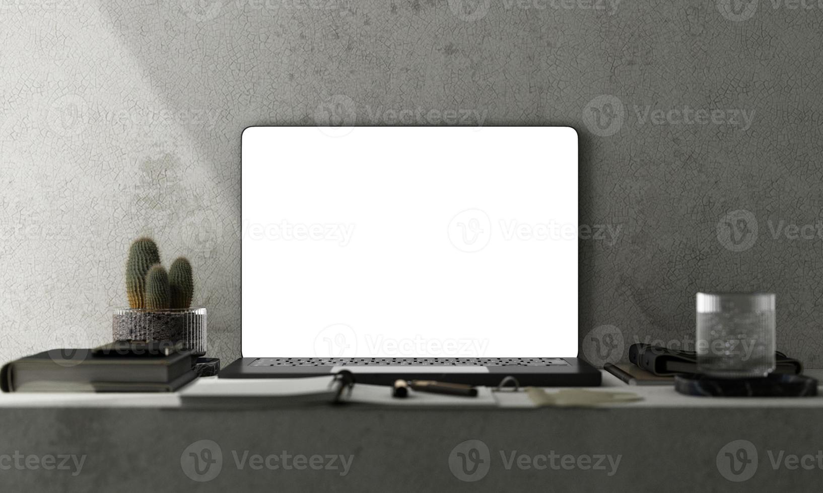 co-trabalho escritório interior com brincar computador portátil branco tela para apresentação, café xícara, papelaria, plantas e gato em pé em uma computador mesa. frente Visão área de trabalho. 3d Renderização foto