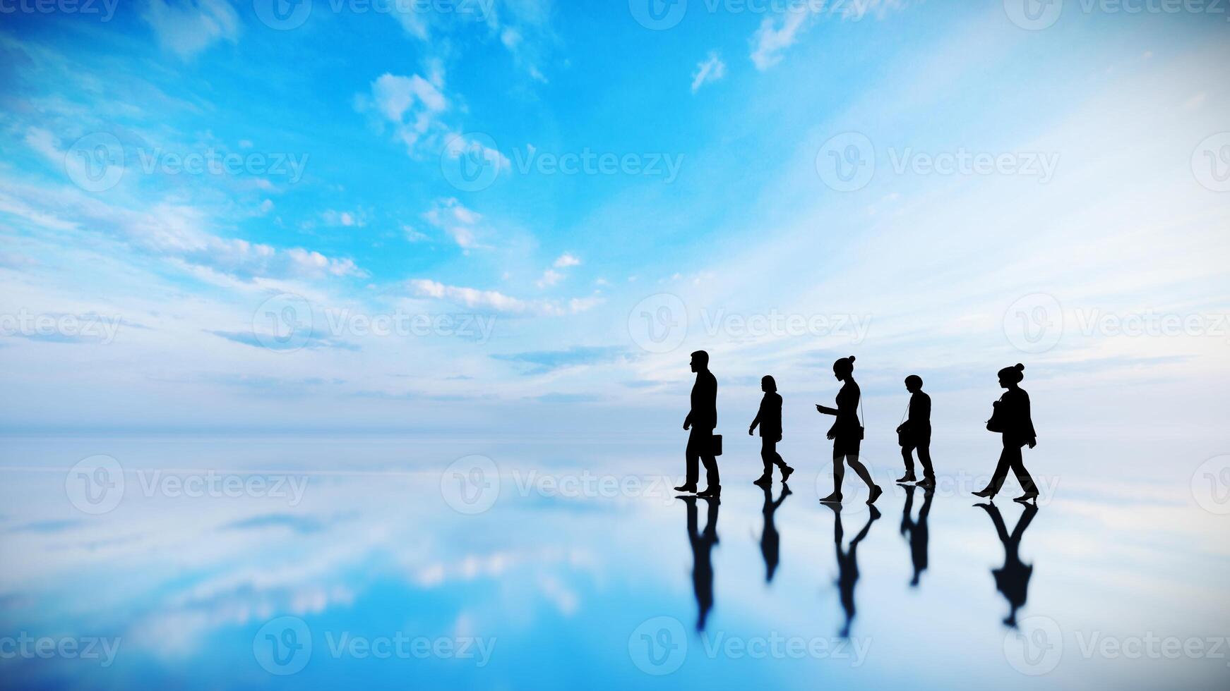 3d Renderização grupo do pessoas caminhando dentro silhueta, preto forma pessoas com reflexão azul céu e nuvens. foto