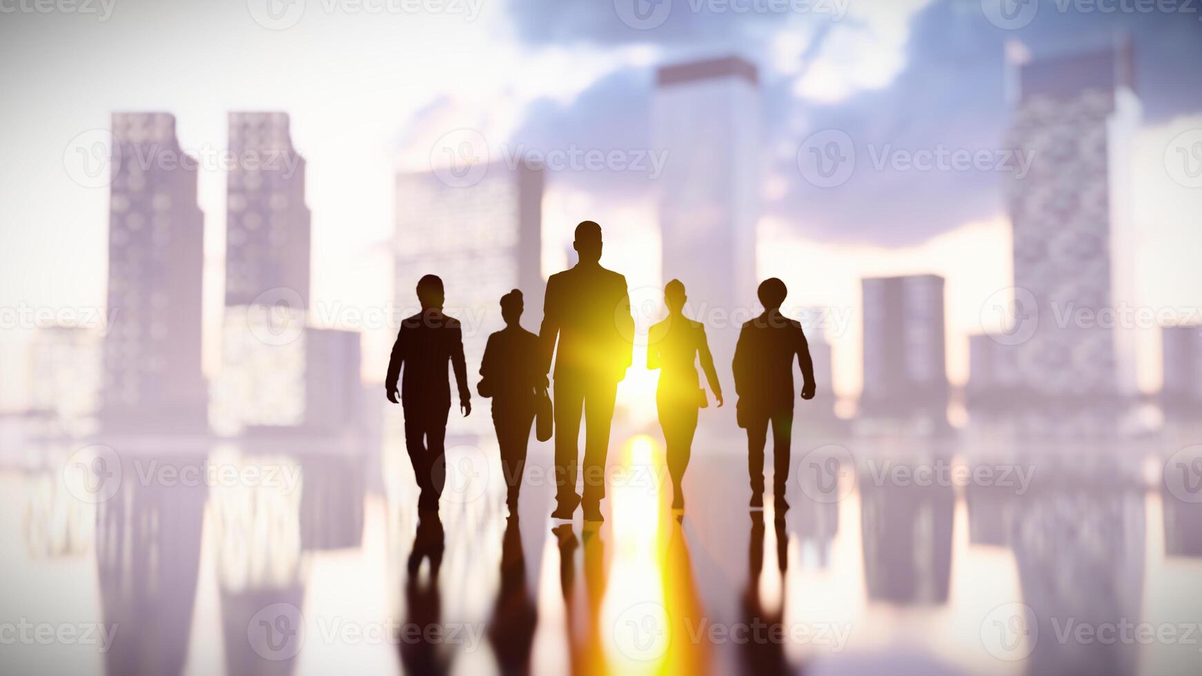 silhueta grupo do o negócio equipe caminhando em reflexão terra dentro a tarde e pôr do sol, 3d Renderização gráfico com paisagem urbana fundo. foto