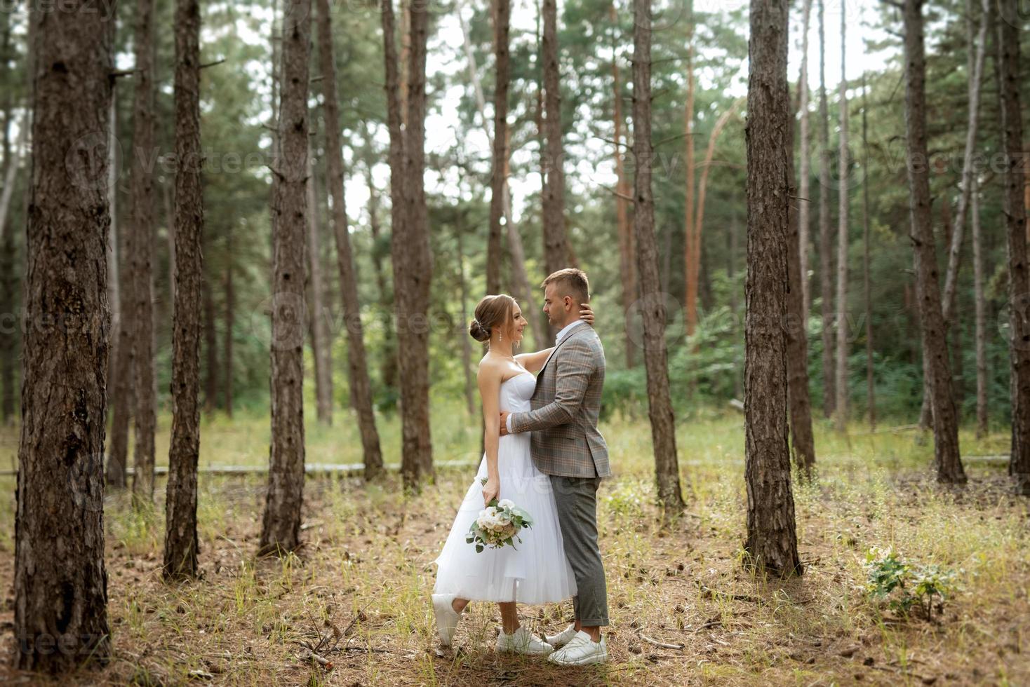 jovem casal noiva dentro uma branco curto vestir e noivo dentro uma cinzento terno dentro uma pinho floresta foto