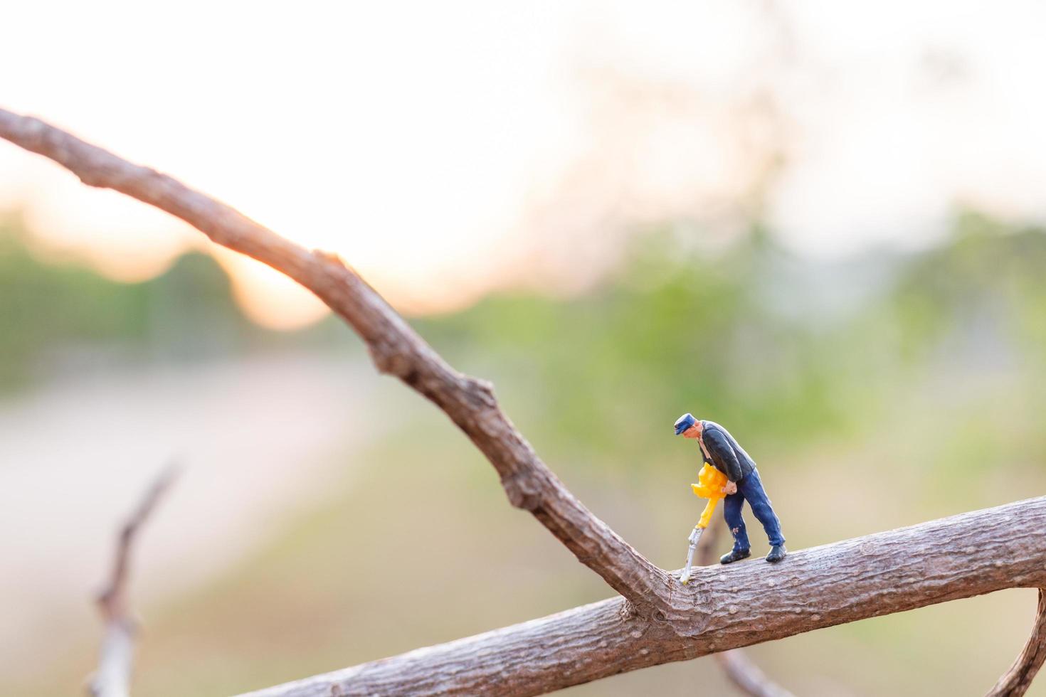 trabalhador em miniatura cortando galhos de árvores, conceito de desmatamento foto