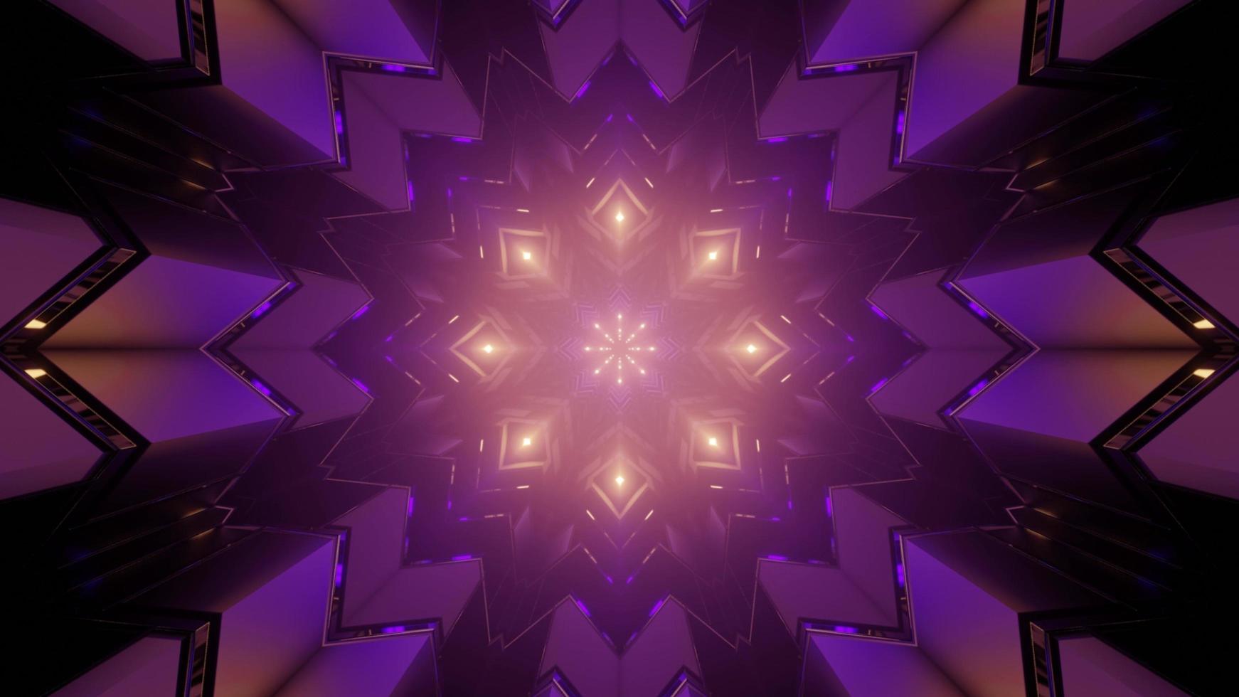Ilustração 3D de luzes roxas refletindo em figuras geométricas de padrão ornamental foto