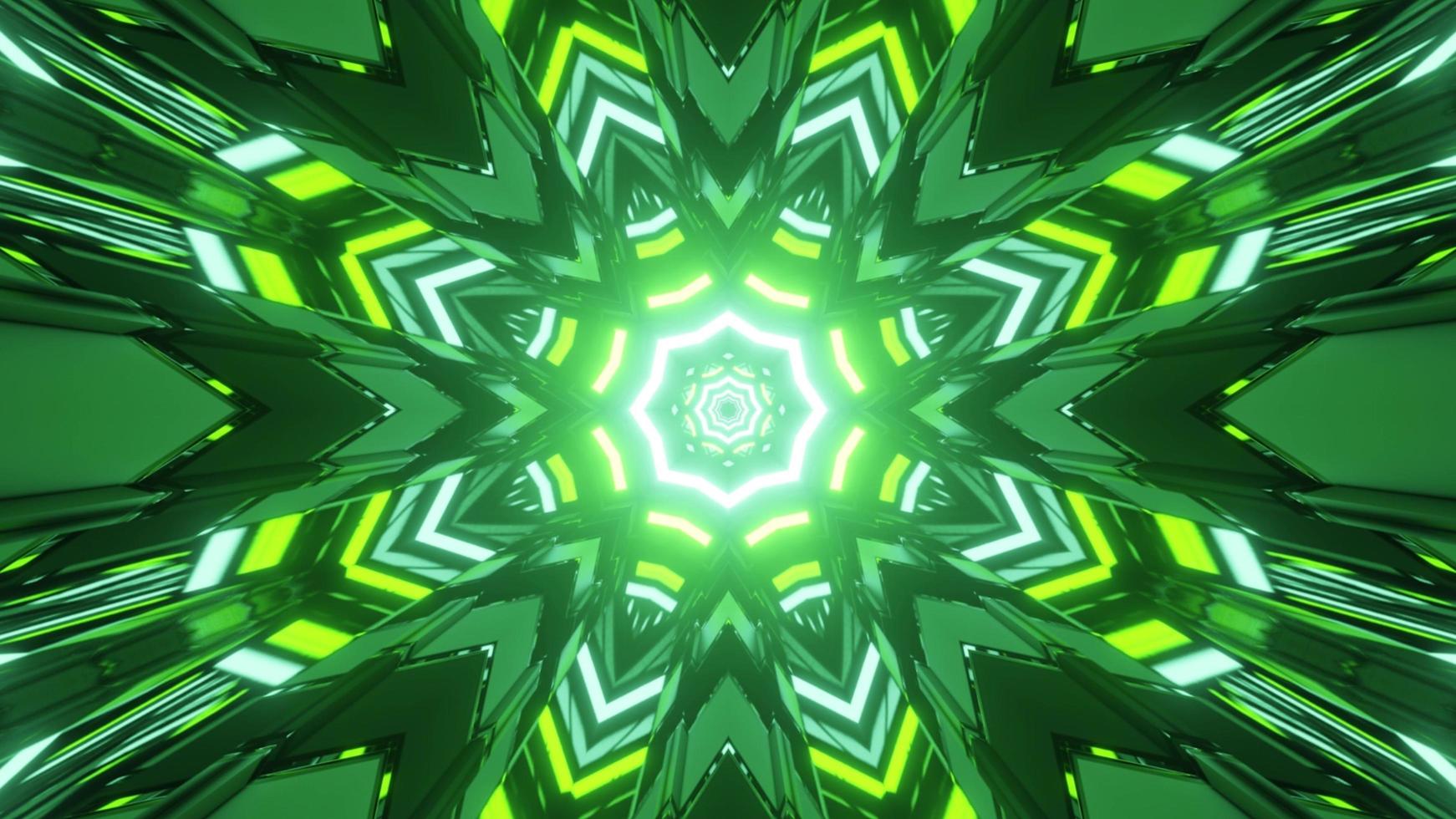 Ilustração 3D do padrão de caleidoscópio verde e amarelo com iluminação brilhante foto