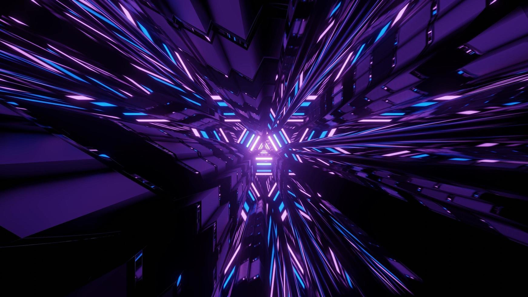 Ilustração 3D do padrão hipnótico com luz de néon no labirinto escuro foto