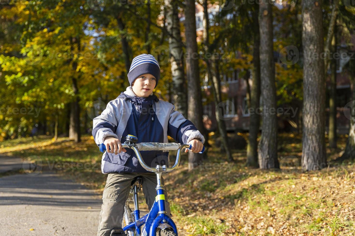 uma alegre criança de cinco anos Garoto passeios uma bicicleta dentro a outono chapéu e Jaqueta contra a fundo do outono árvores foto