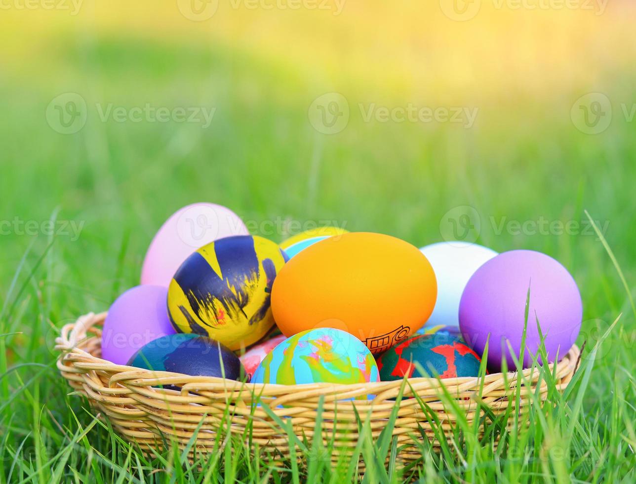 lindos ovos de páscoa coloridos em uma cesta para o dia de páscoa foto