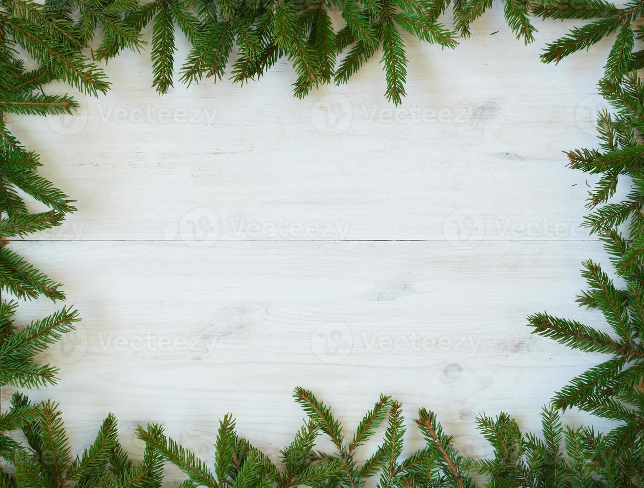 Natal árvore galhos em branco de madeira textura pronto para seu Projeto foto