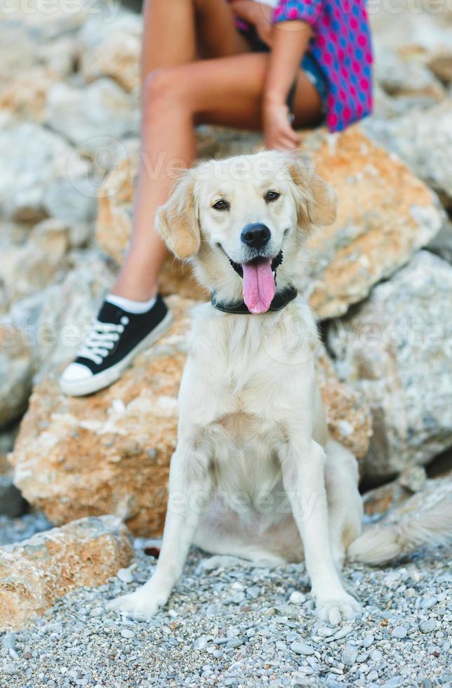 mulher com uma cachorro em uma andar em a de praia foto