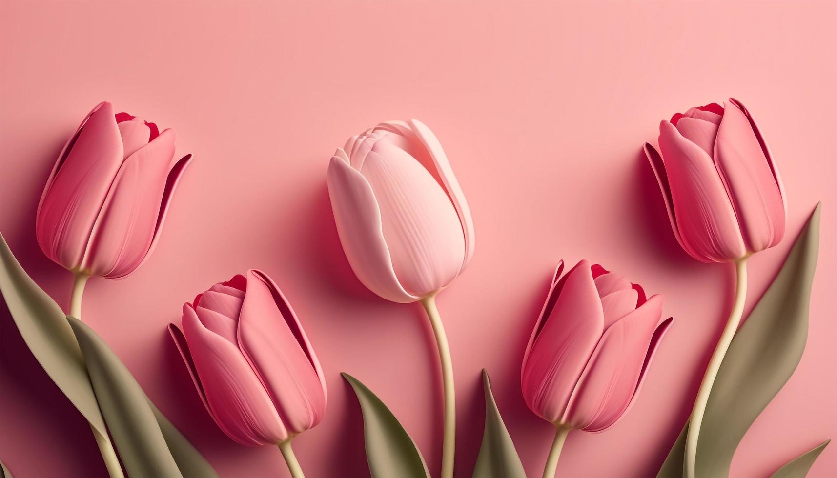 Primavera tulipa flores em Rosa fundo topo Visão dentro plano deitar estilo. foto